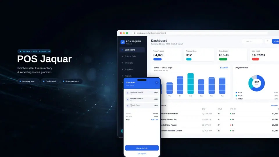 Jaquar Midlands point of sale platform displayed on desktop and mobile